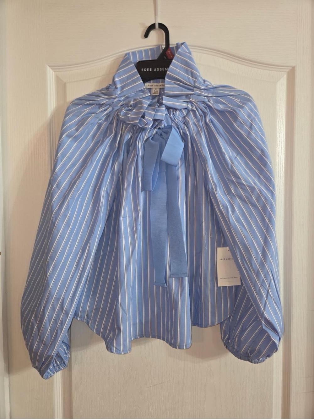 Blue Stripe Balloon-Sleeve Tie-Neck Top
